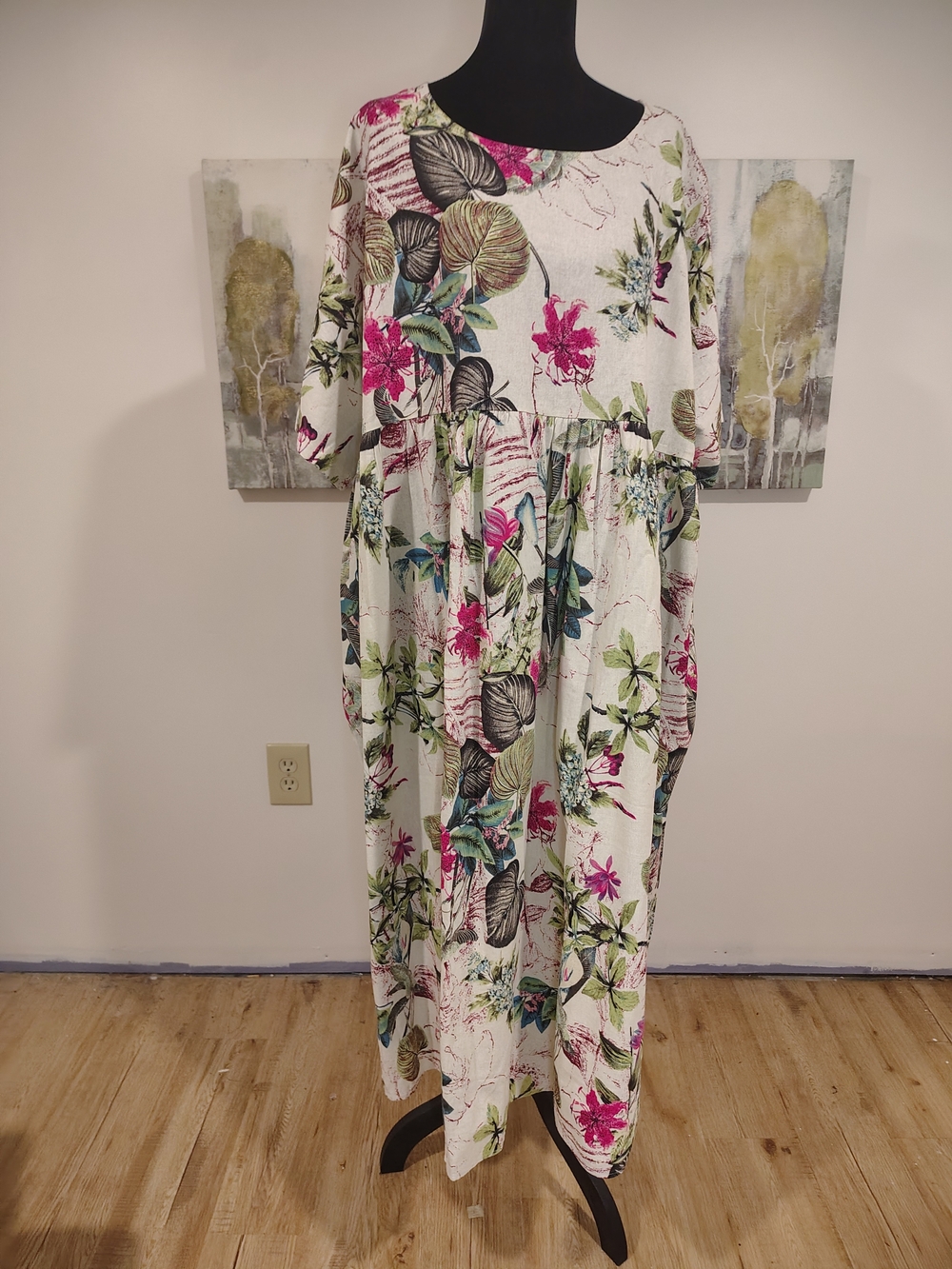 Tropical Linen Floral Maxi Dress in White and Pink 3x